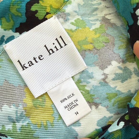 Kate Hill Silk Floral Tie-Neck Blouse – Blue Green Print – Size 14 - Picture 6 of 8